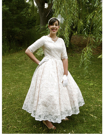 Affordable Vintage A-Line V-Neck Tea Length Lace Garden Wedding Dress with Half Sleeves