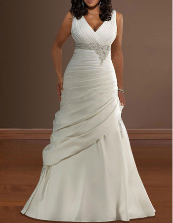 Classic Pleated V-Neck Satin Sweep Train Plus Size Wedding Dress