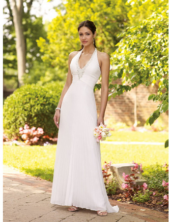 Designer Sheath Halter Ankle Length Chiffon Garden Wedding Dress/ Perfect Draped Bridal Gowns with Beading