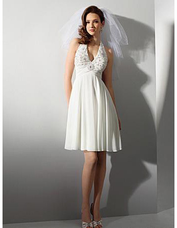 Designer Empire Halter Knee Length Short Chiffon Beach Wedding Dress/ Casual Reception Wedding Gown