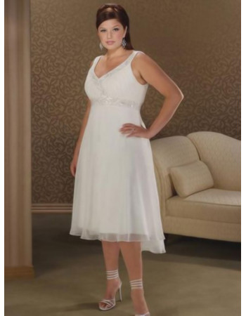 Affordable Simple Empire V-Neck Chiffon Tea Length Plus Size Wedding Dress