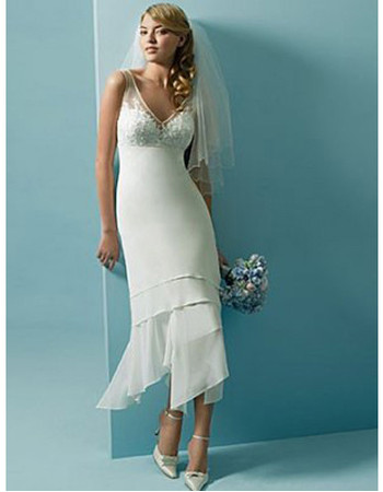 Affordable Classic Chiffon Tea Length Asymmetric Summer Beach Wedding Dress