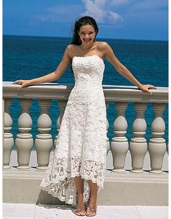 Affordable Classic Summer Strapless Lace High-Low Beach Wedding Dress