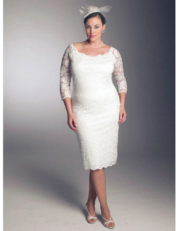 Affordable Plus Size 3/4 length Sleeves Lace Satin Bodycon Knee Length Reception Bridal Wedding Dress
