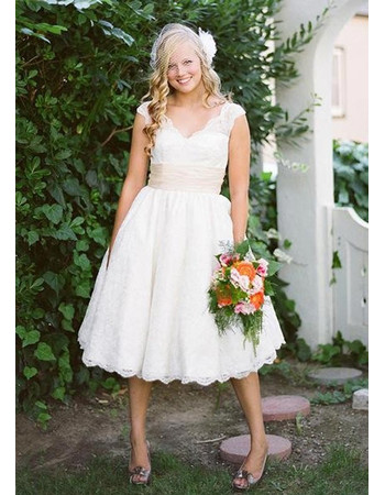 Affordable Vintage Classic Knee Length Lace Short Reception Wedding Dress