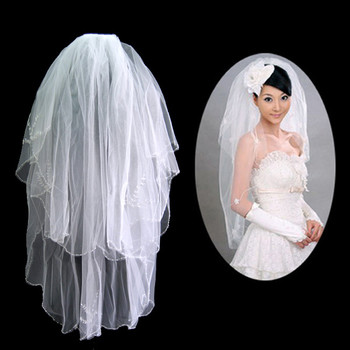 Cheap 2 Layers Tulle Wedding Veil with Beading for Bride