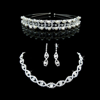 Pretty Crystal and Pearl Earring Necklace Tiara Set Wedding Bridal Jewelry Collection