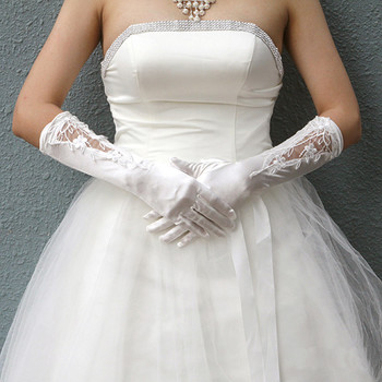 Inexpensive Beautiful Elastic Satin Elbow Wedding Gloves with Applique