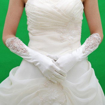 Beautiful Elastic Satin Elbow Wedding Gloves with Emboidery for Bride