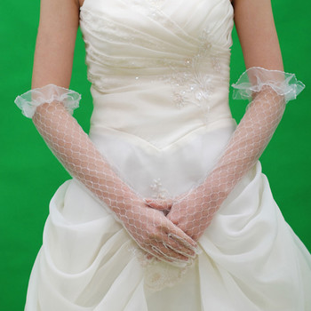 Beautiful Voile Elbow Wedding Gloves with Ruffle for Bride