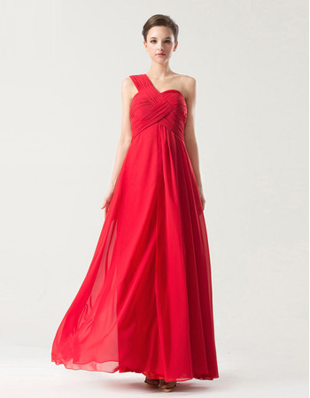 Affordable Empire One Shoulder Long Red Chiffon Bridesmaid Dress for Wedding