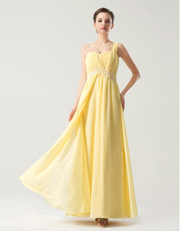 Designer Empire Waist One Shoulder Long Yellow Chiffon Bridesmaid Dress