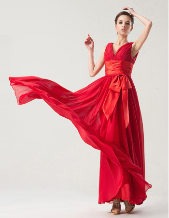 Romantic Empire V-Neck Floor Length Red Chiffon Bridesmaid Dress