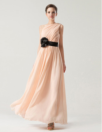 Romantic Tailored One Shoulder Ankle Length Pleated Chiffon Bridesmaid Dress with Belt