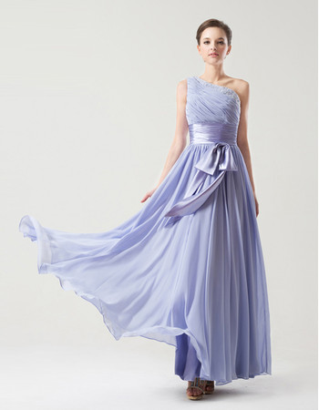 Romantic One Shoulder Ankle Length Pleated Chiffon Bridesmaid Dress with Beadings and Belt