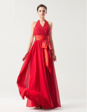 Romantic Empire Halter V-neck Floor Length Pleated Chiffon Bridesmaid Dress with Belt