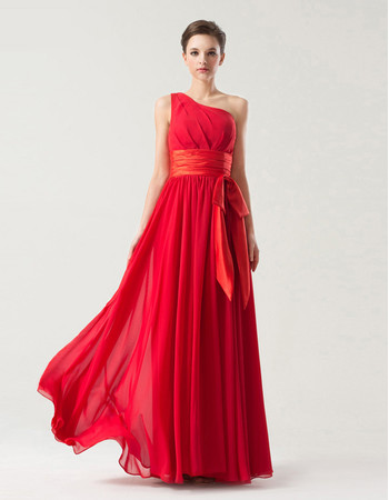 Simple One Shoulder Floor Length Red Chiffon Bridesmaid Dress