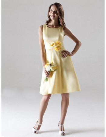 A-Line Bateau Knee Length Yellow Satin Bridesmaid Dress