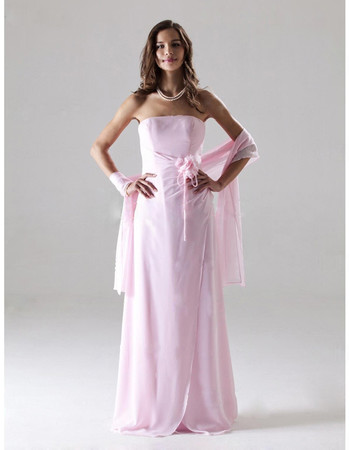 Elegant Column Strapless Floor Length Pink Chiffon Bridesmaid Dress