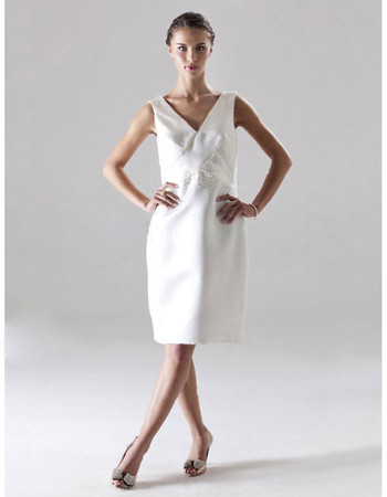 Designer Column V-Neck Knee Length Satin Bridesmaid Dress