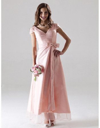 Custom Modest A-Line V-Neck Ankle Length Satin Bridesmaid Dress