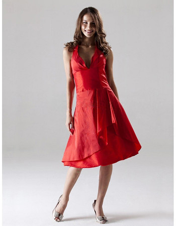 Modest A-Line Halter Knee Length Taffeta Bridesmaid Dress for Wedding