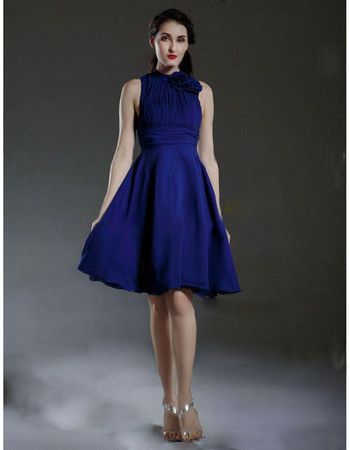 Custom A-Line High-Neck Short Blue Satin Bridesmaid Dress for Women