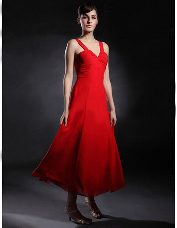 Classic A-Line V-Neck Tea Length Chiffon Bridesmaid Dress for Women