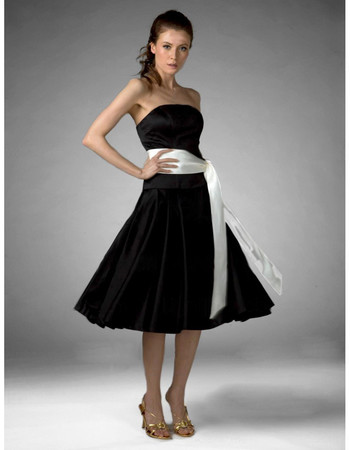 Vintage A-Line Strapless Knee Length Black Satin Bridesmaid Dress