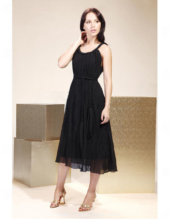 Simple A-Line Round/ Scoop Tea Length Chiffon Bridesmaid Dress