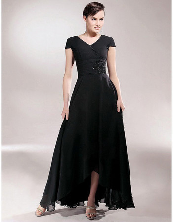 Classy A-Line V-Neck High Low Black Chiffon Prom Evening Dress for Women