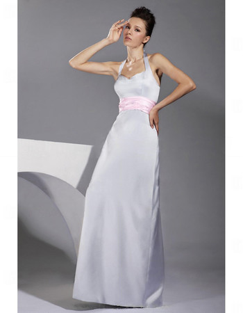 Cheap Custom A-Line Halter Floor Length Satin Bridesmaid Dress for Maid of Honour