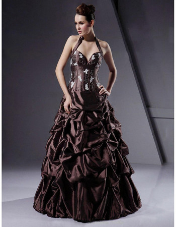 Chic Modern Ball Gown Halter Floor Length Taffeta Prom Evening Dress for Women