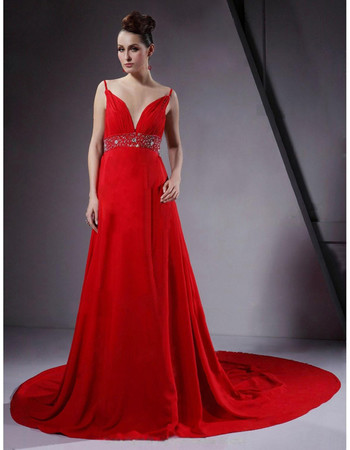 Sexy A-Line Chapel Train Red Chiffon Prom Evening Dress for Women