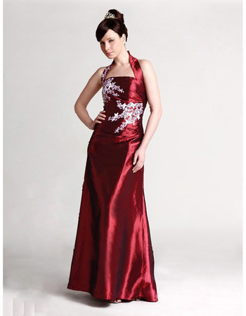 Classic A-Line Halter Floor Length Taffeta Prom Evening Dress for Women