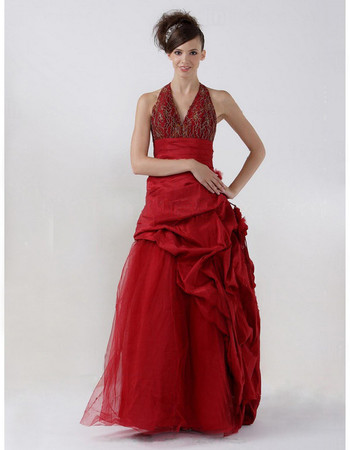 Retro A-Line Floor Length Taffeta Halter Prom Evening Dress for Women