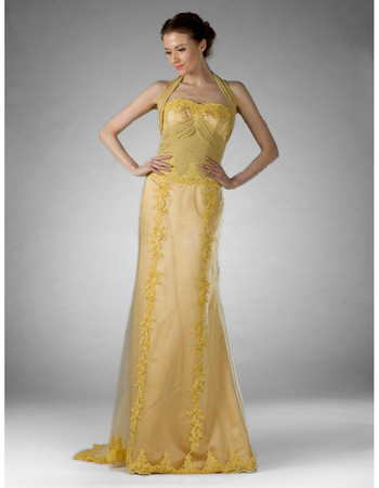 Vintage Sheath/ Column Halter Satin Organza Prom Evening Dress for Women