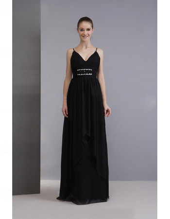 Elegant Spaghetti Straps Black Chiffon Prom Evening Dress
