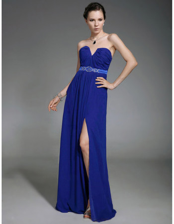 A-Line Sweetheart Sweep Train Blue Chiffon Evening Dress with Split