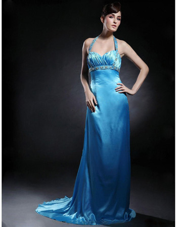 Sexy Empire Halter Satin Court Train Prom Evening Dress