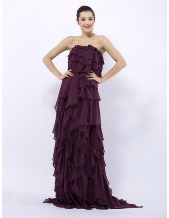 Retro Custom Column Strapless Purple Chiffon Ruffle Prom Evening Dress