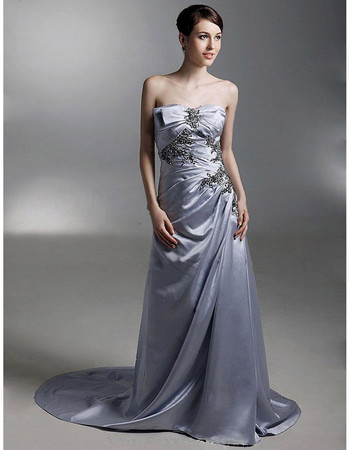 Unique Strapless Court Train Satin Prom Evening Dress for Women