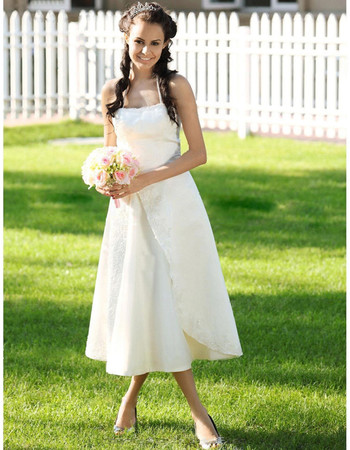 Elegant Casual A-Line Halter Tea Length Satin Informal Wedding Dress