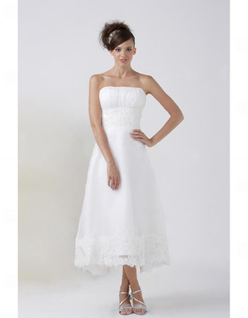 Classic Simple A-Line Strapless Tea Length Satin Wedding Dress