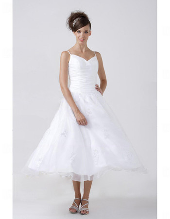 Designer A-Line Spaghetti Straps Tea Length Wedding Dress