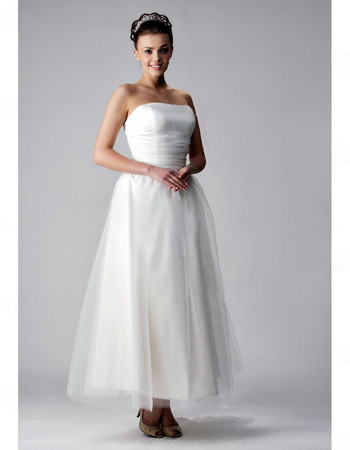 Custom Classic A-Line Strapless Tea Length Satin Organza Wedding Dress