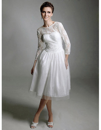 Vintage A-Line Long Sleeves Knee Length Lace Reception Wedding Dress