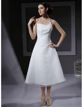 Designer Classic A-Line Halter Tea Length Satin Reception Wedding Dress