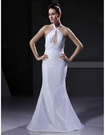 Cheap Sexy Mermaid/ Trumpet Halter Floor Length Satin Wedding Dress