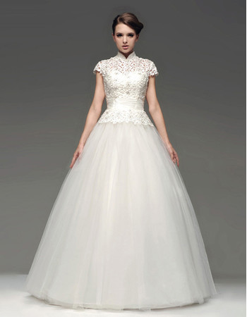 Custom Modern Ball Gown Floor Length Organza Lace Wedding Dress